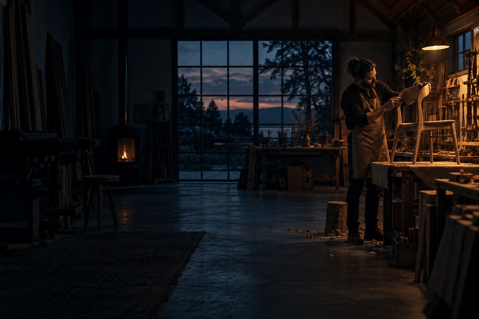An artisan inspecting a chair in a warmly lit workshop