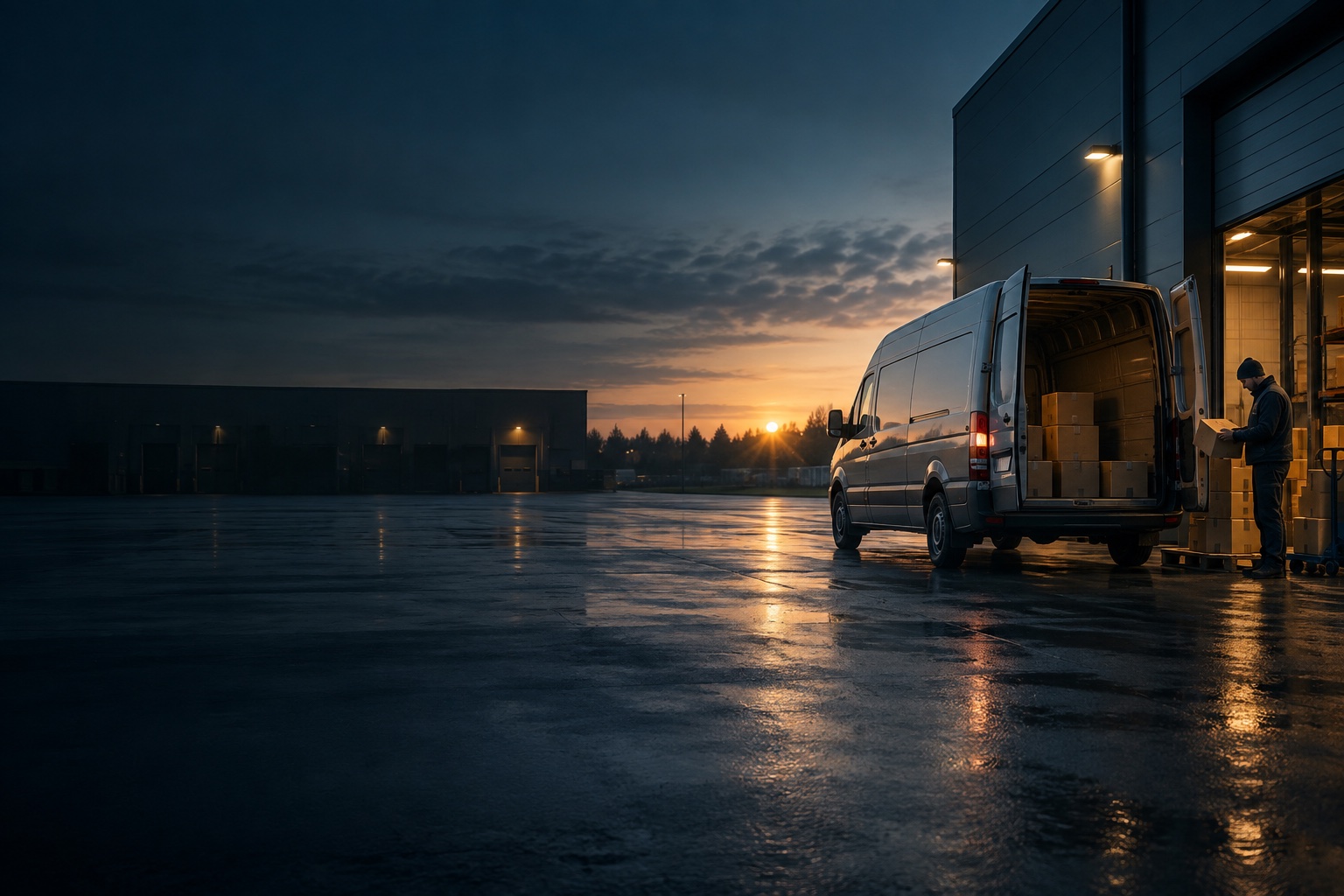 A delivery team preparing parcels beside a van at dawn