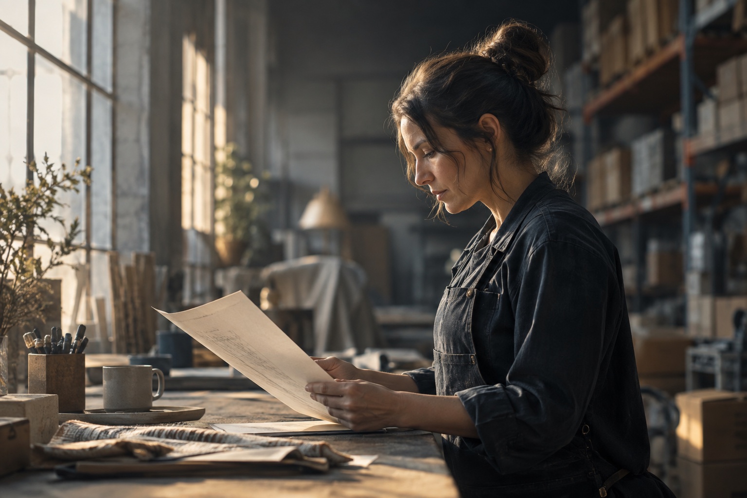 A business owner reviewing paperwork at a sunlit workbench