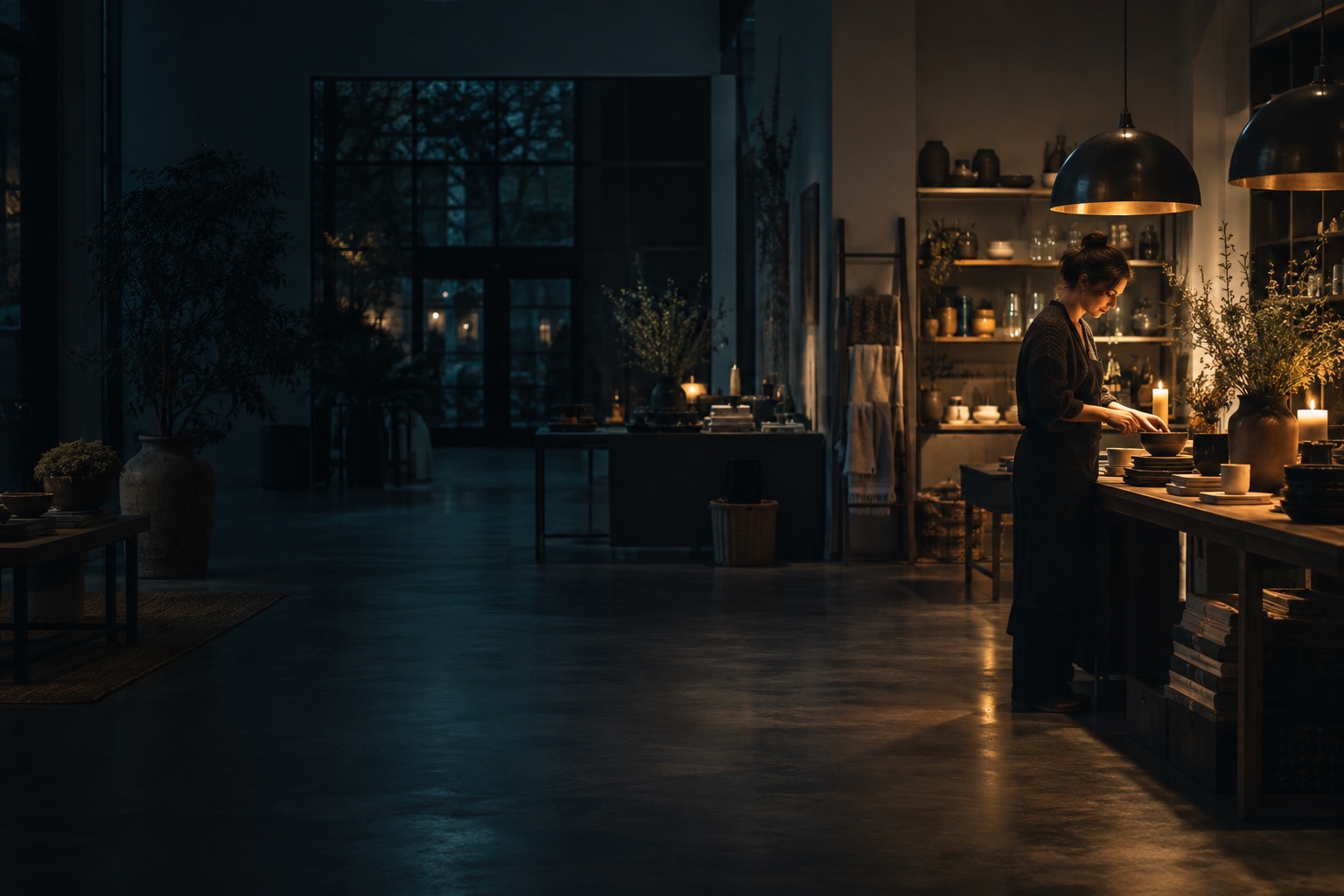 A shopkeeper arranging homewares after closing