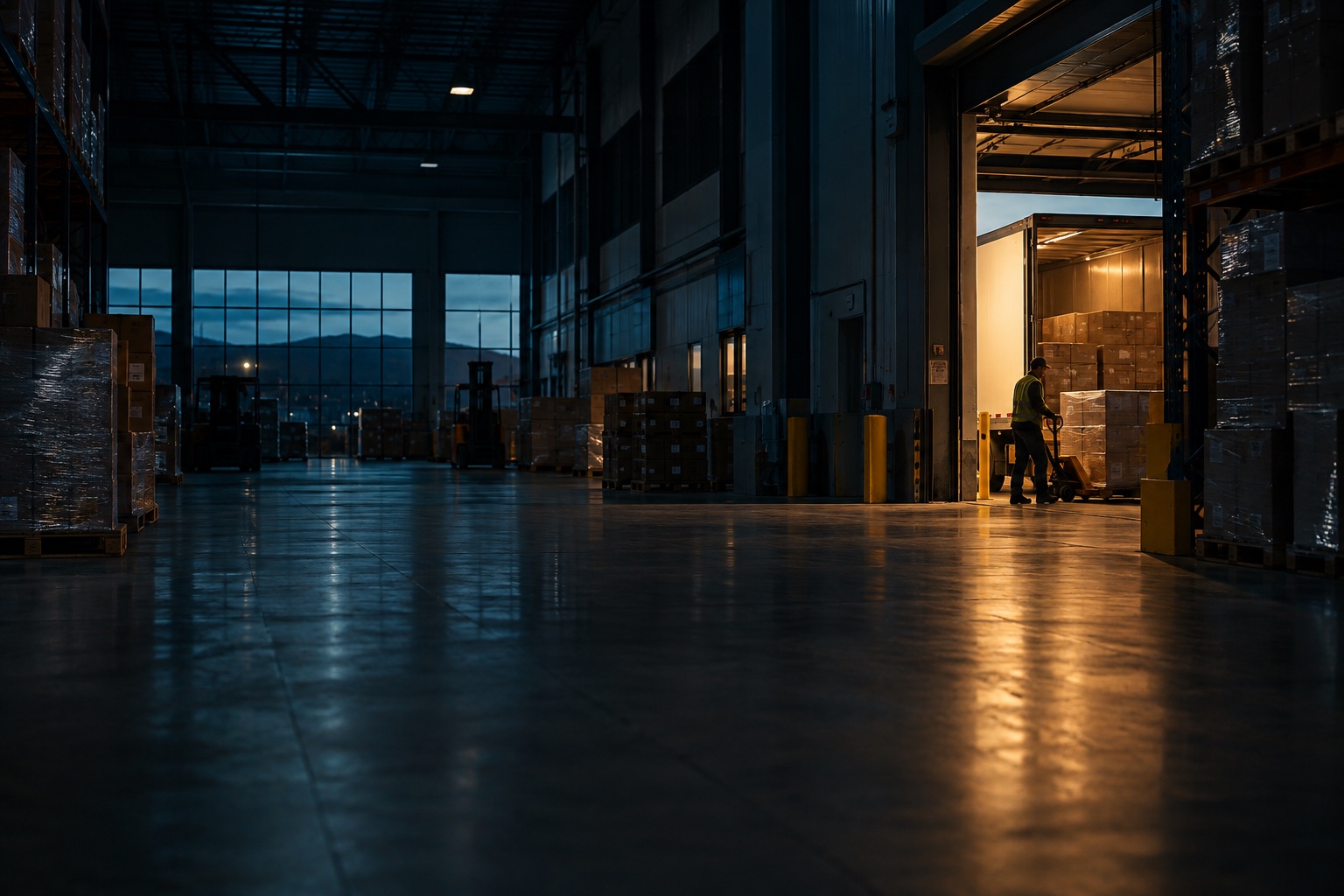 Warm light spilling into a warehouse at the end of the working day